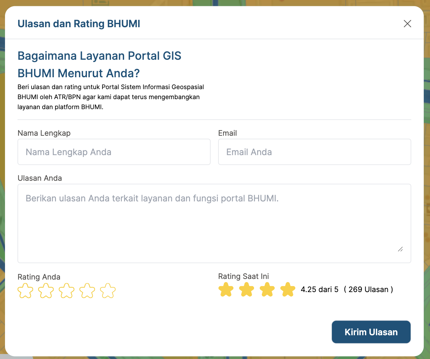 Gambar form rating dan ulasan aplikasi BHUMI ATR/BPN