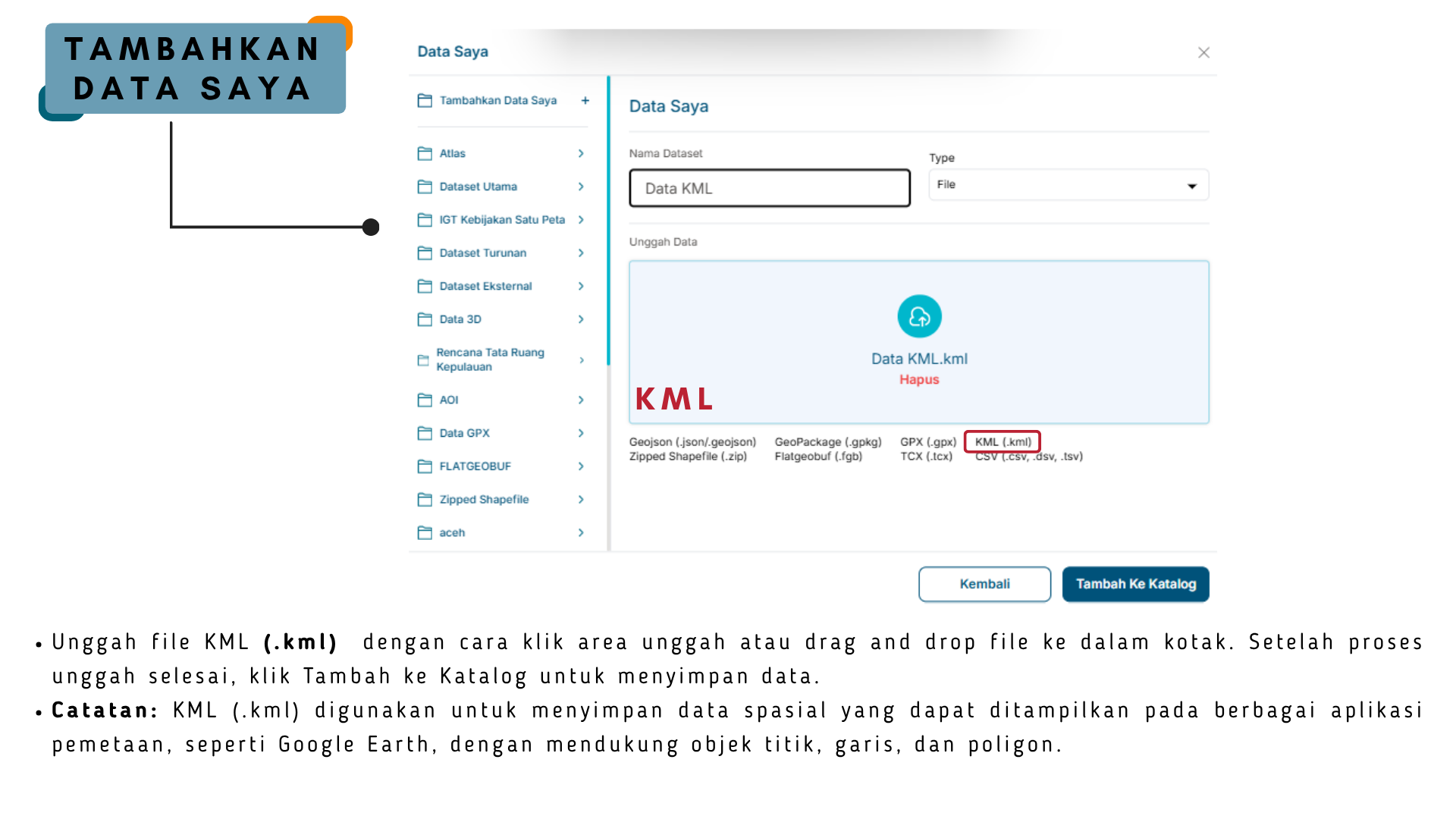 Gambar menu Tambahkan Data Saya (KML) pada peta aplikasi BHUMI ATR/BPN