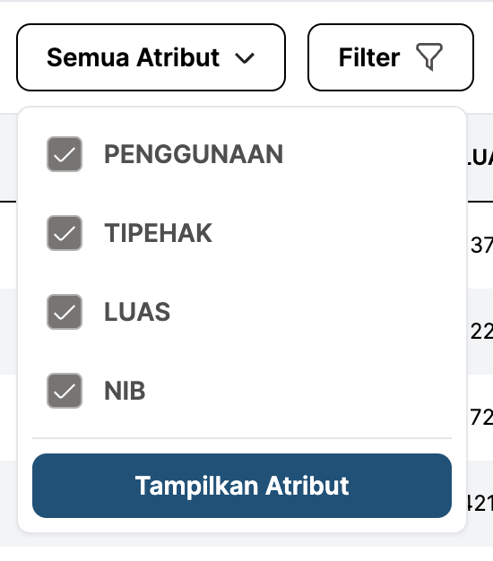 Gambar kolom filter berdasarkan atribut peta aplikasi BHUMI ATR/BPN