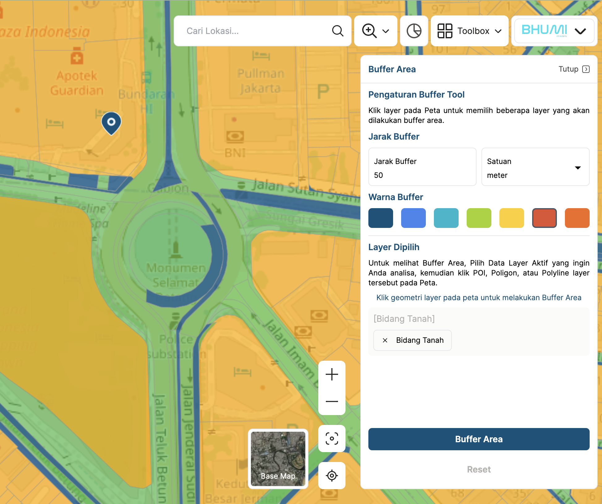 Gambar pilih data fitur buffer area peta aplikasi BHUMI ATR/BPN