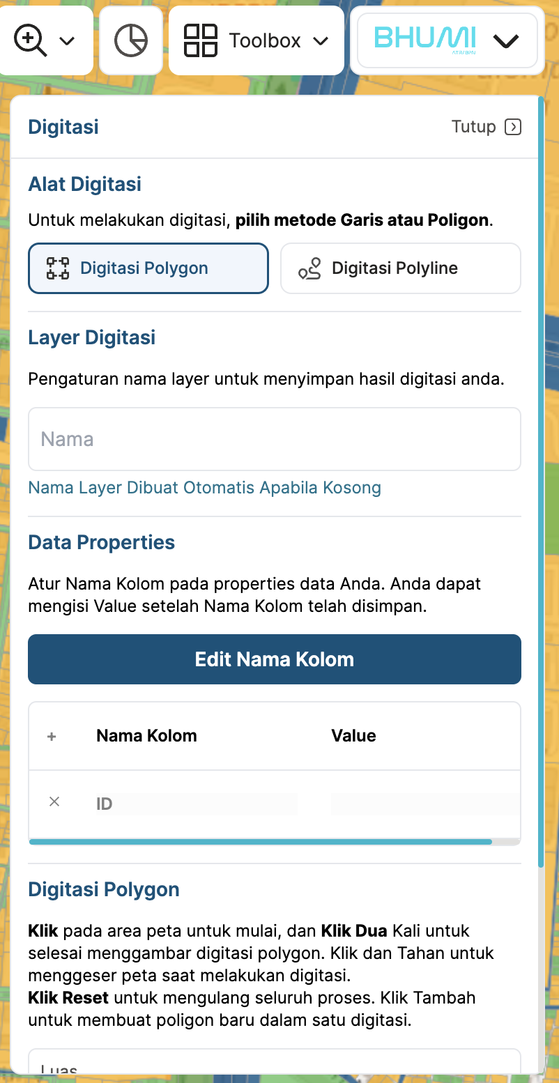 Gambar fitur digitasi peta aplikasi BHUMI ATR/BPN