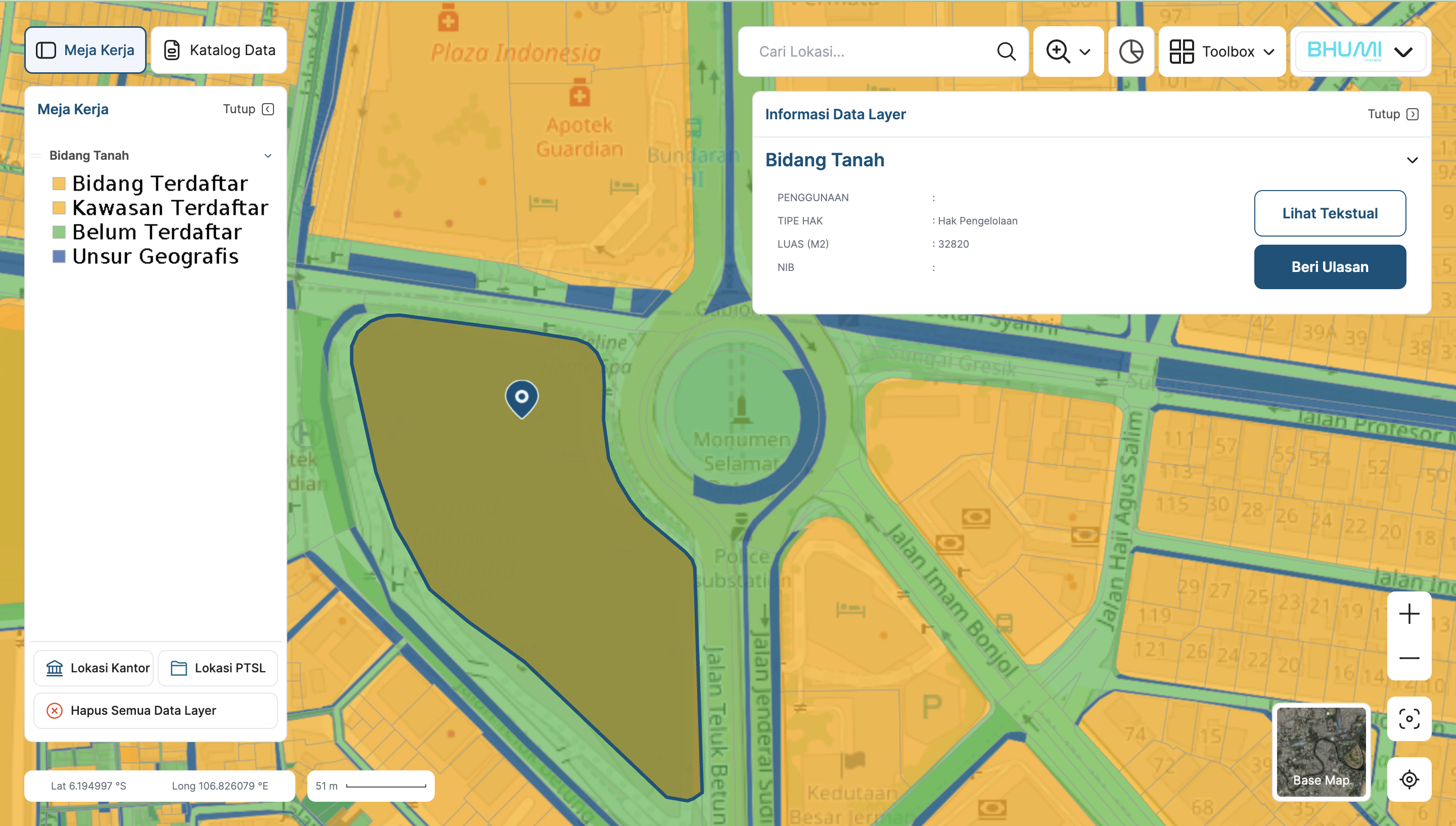 Gambar informasi data layer peta aplikasi BHUMI ATR/BPN