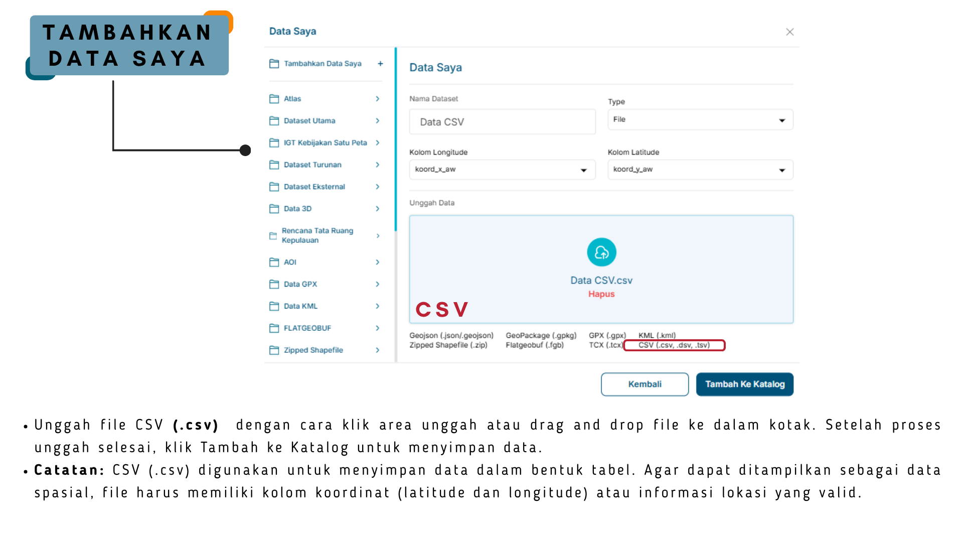 Gambar menu Tambahkan Data Saya (CSV) pada peta aplikasi BHUMI ATR/BPN
