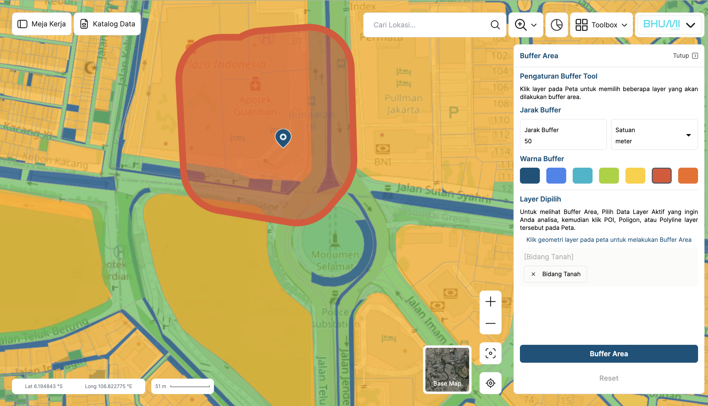 Gambar hasil fitur buffer area peta aplikasi BHUMI ATR/BPN