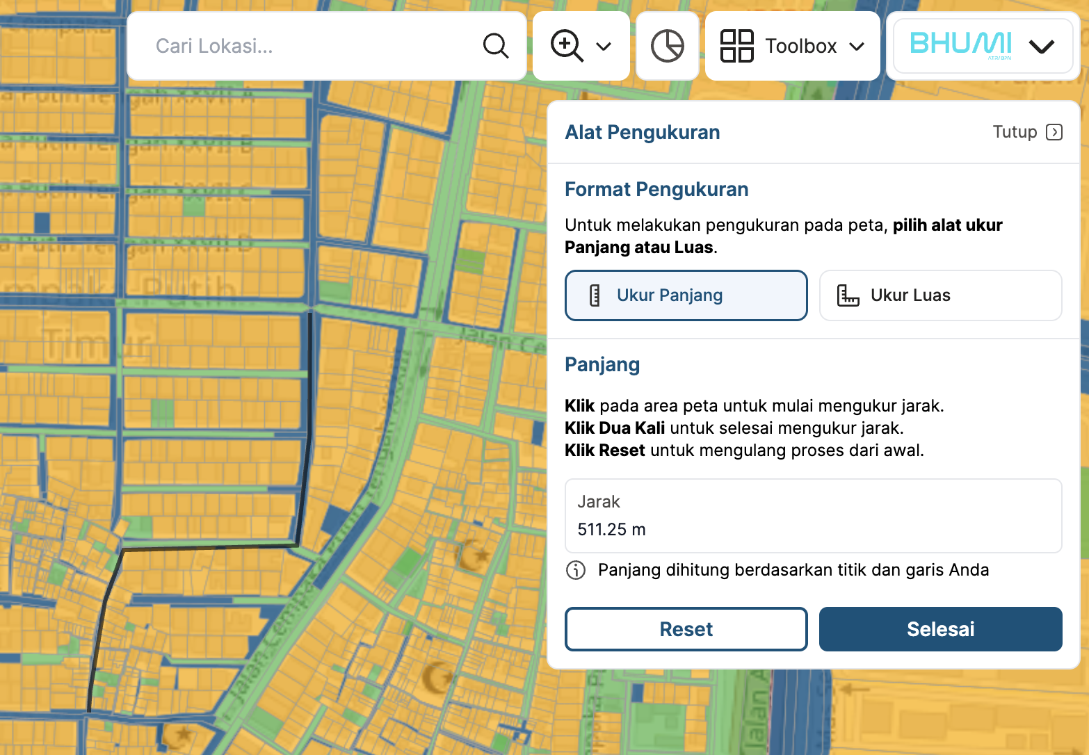 Gambar hasil fitur pengukuran panjang peta aplikasi BHUMI ATR/BPN