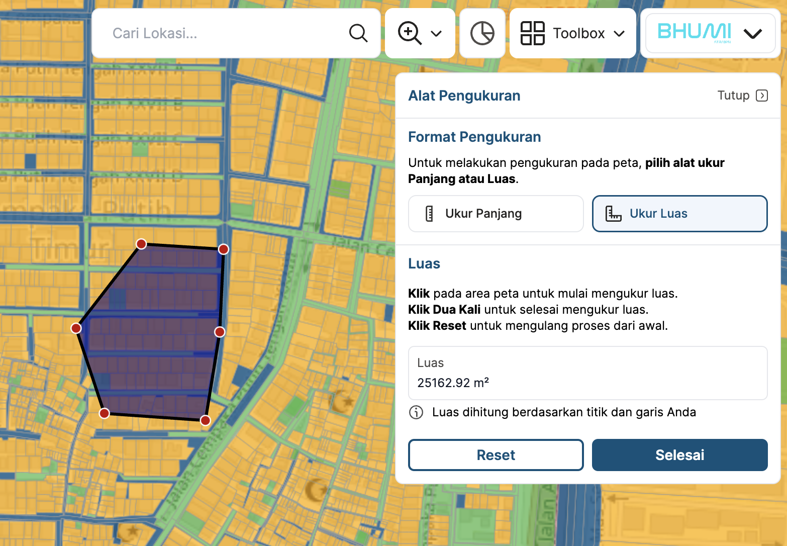 Gambar hasil fitur pengukuran luas peta aplikasi BHUMI ATR/BPN