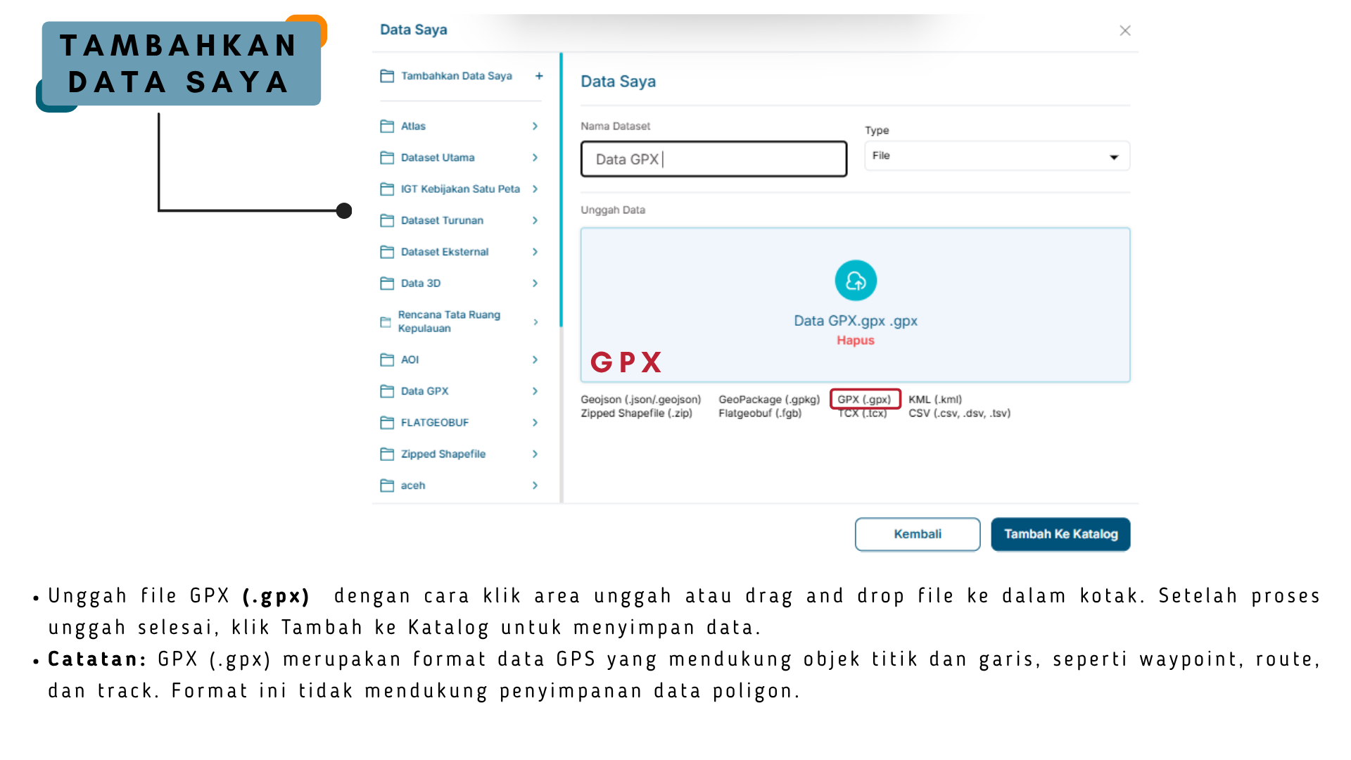 Gambar menu Tambahkan Data Saya (GPX) pada peta aplikasi BHUMI ATR/BPN