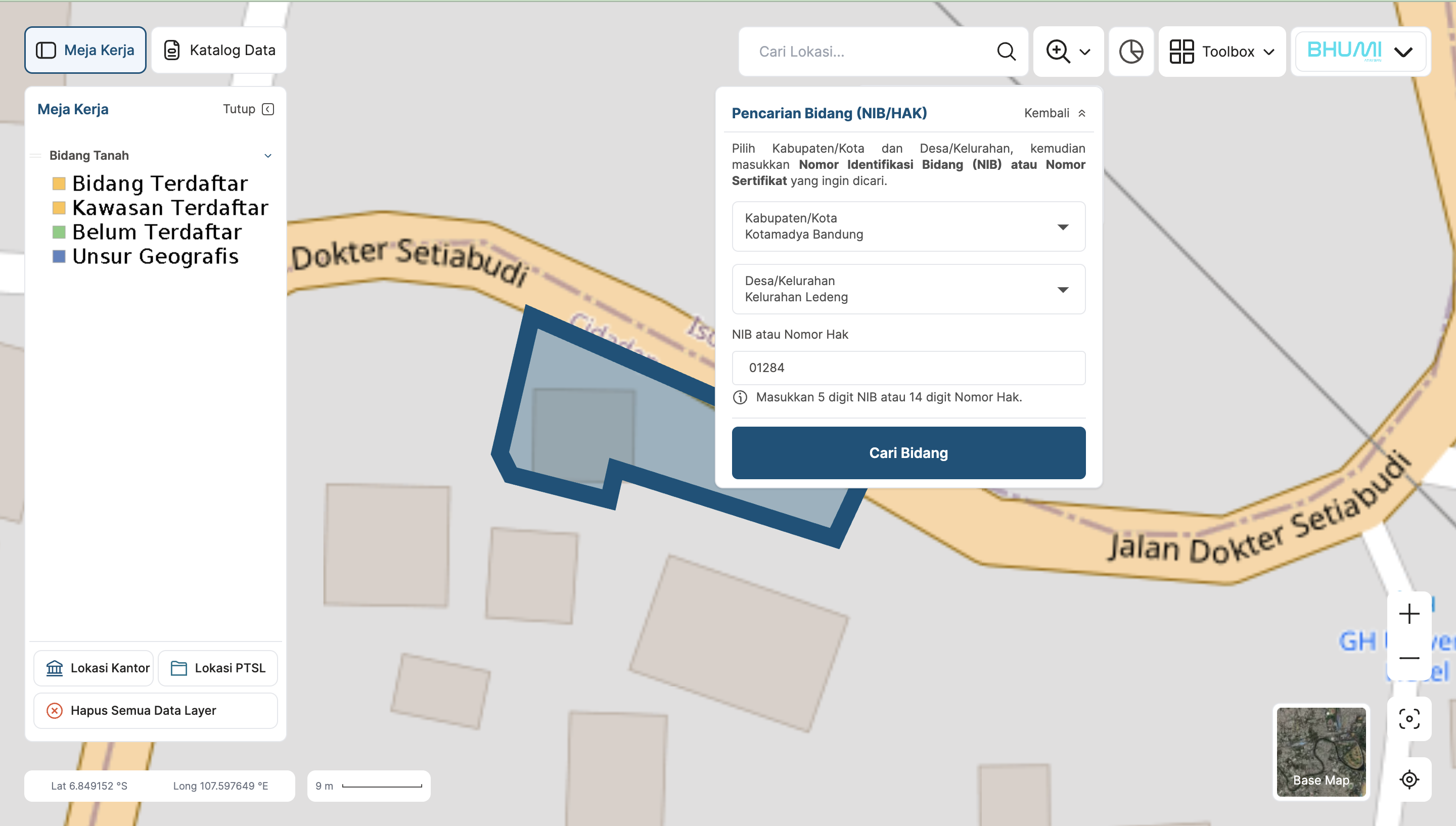 Gambar hasil fitur pencarian bidang tanah NIB dan Nomor Hak peta aplikasi BHUMI ATR/BPN