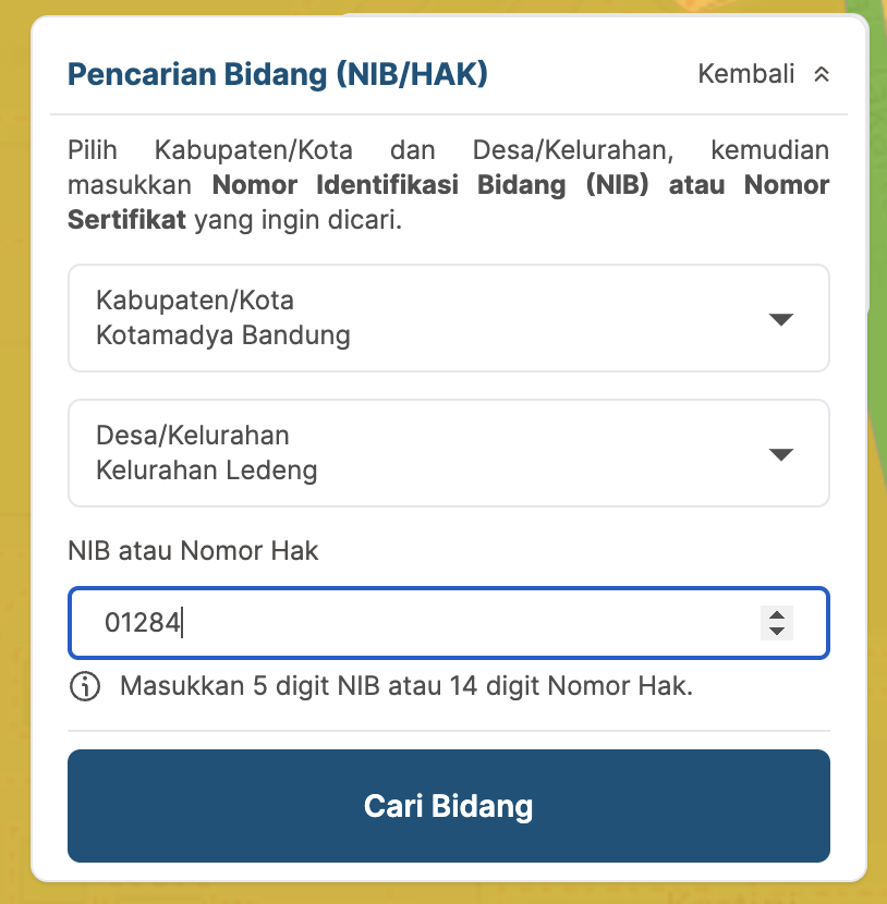 Gambar pencarian Nomor Induk bangunan/NIB dan Nomor Hak Bidang Tanah peta aplikasi BHUMI ATR/BPN