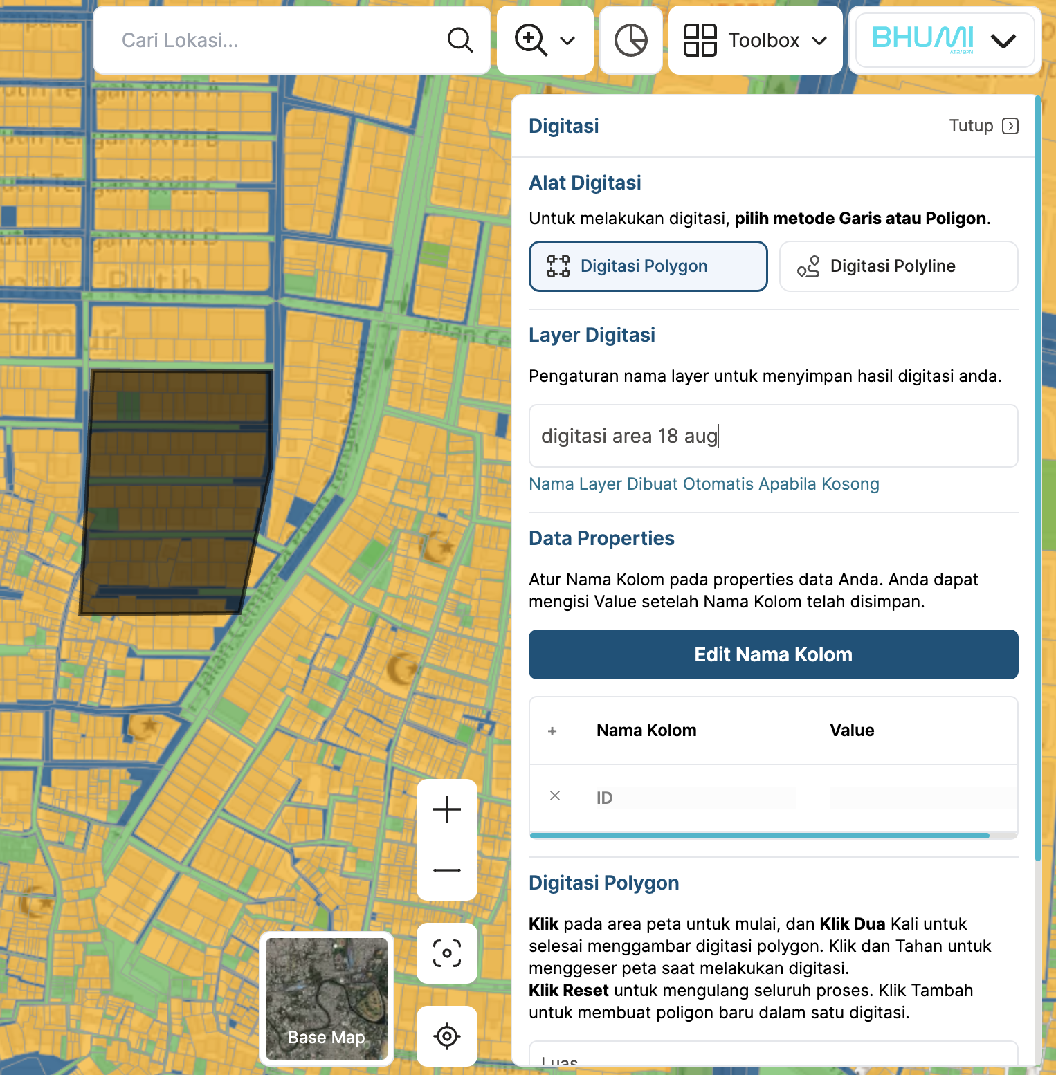 Gambar fitur gambar digitasi peta aplikasi BHUMI ATR/BPN