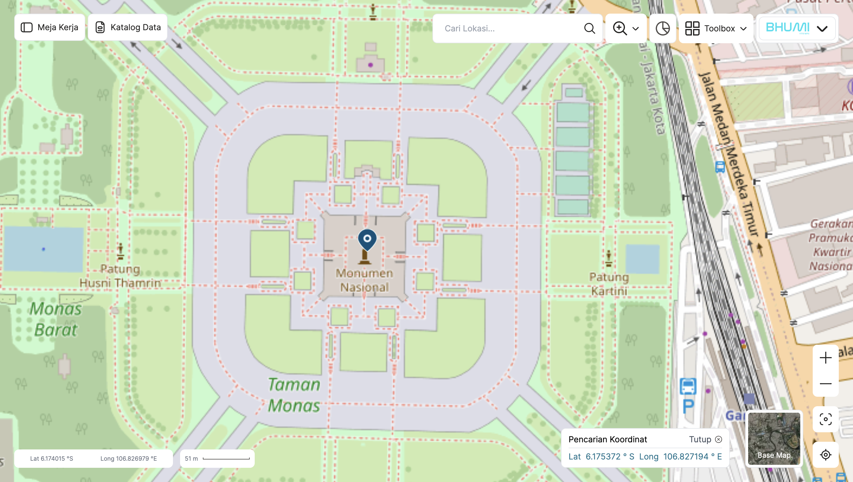 Gambar hasil fitur pencarian koordinat peta aplikasi BHUMI ATR/BPN