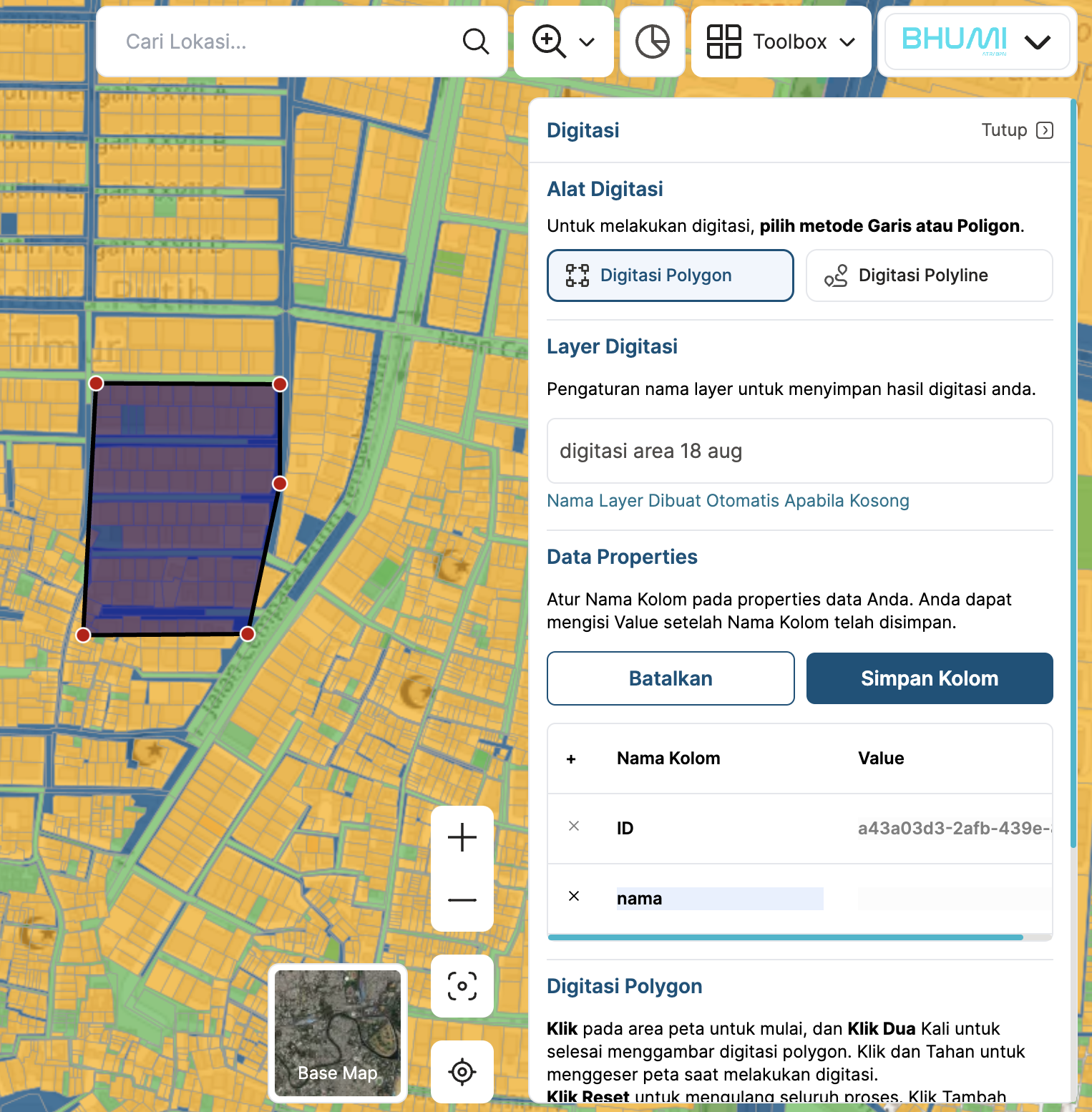 Gambar atribut data fitur digitasi peta aplikasi BHUMI ATR/BPN