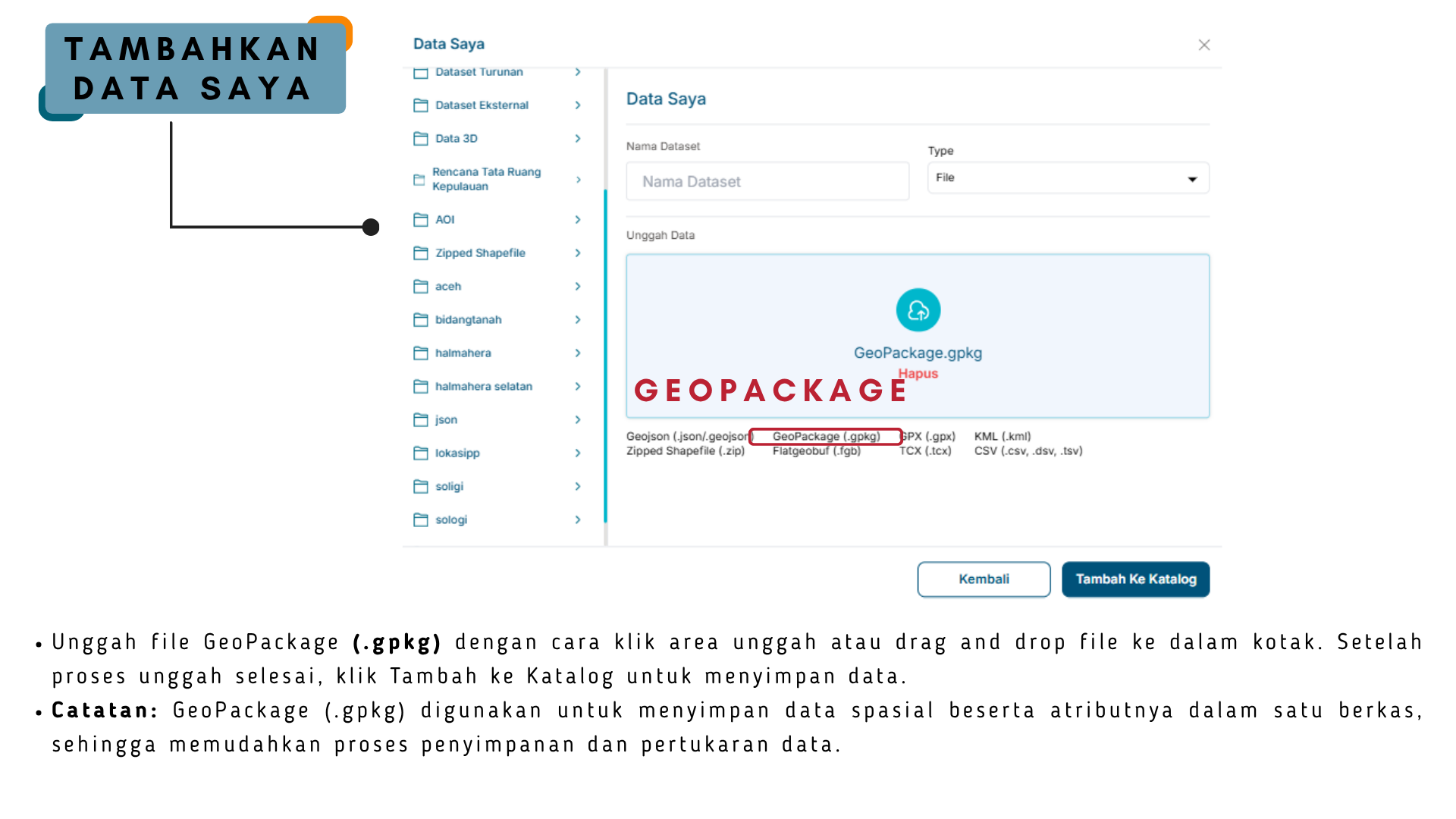 Gambar menu Tambahkan Data Saya (GeoPackage) pada peta aplikasi BHUMI ATR/BPN
