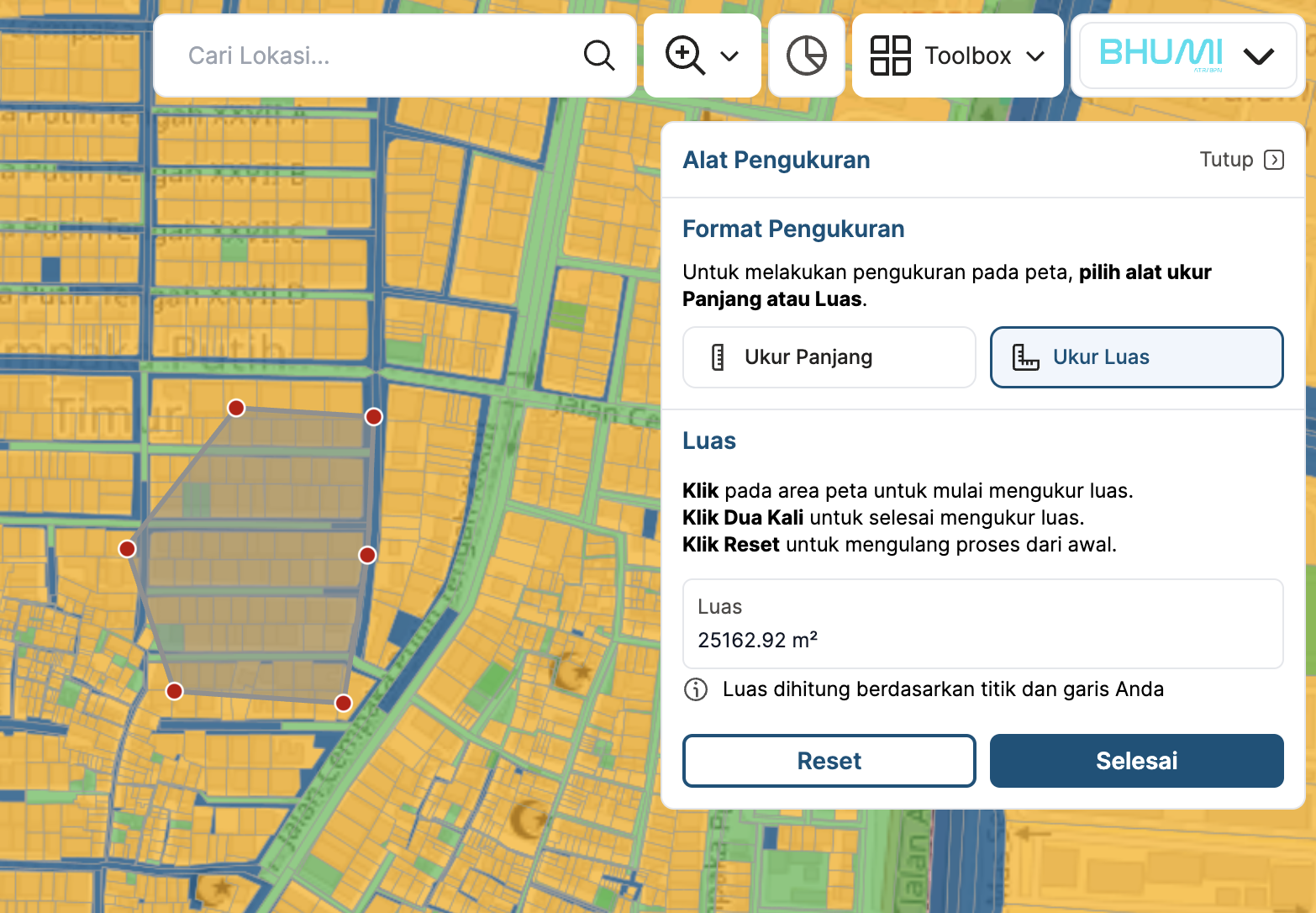 Gambar fitur pengukuran luas peta aplikasi BHUMI ATR/BPN